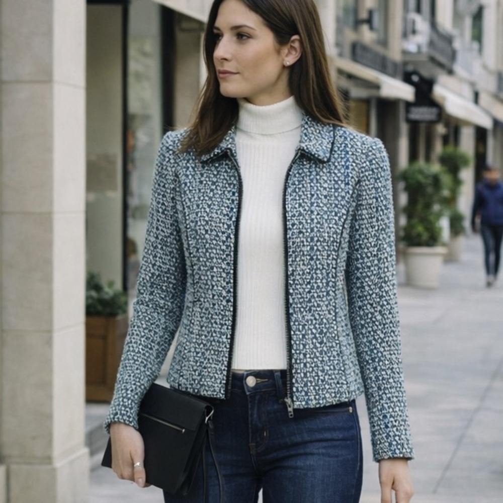 White House Black Market Tweed Zip Jacket Blue Textured Work Blazer Size 10